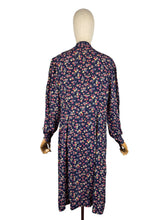 Load image into Gallery viewer, Original 1940's Navy Blue Crepe Long Sleeved Day Dress with Floral Print in Pink and Purple