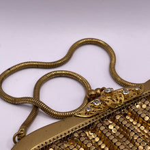 Load image into Gallery viewer, Vintage 1950's Gold Metal Mesh Bag with Snake Chain Handle and Fully Lined with Paste Set Frame - West German Made *