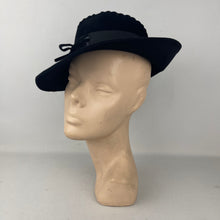 Load image into Gallery viewer, Original 1930's 1940's Inky Black Felt Fedora with Lace Work and Grosgrain Trim