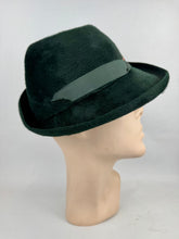 Load image into Gallery viewer, Original 1930's Dark Green Fur Felt Hat with Rust, Green and Ivory Grosgrain Trim - With Matching Scarf