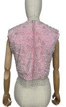 Load image into Gallery viewer, Original 1960’s Stephen Chu Hong Kong Pink and Silver Heavily Beaded Blouse with Back Zip and Fringed Hem - Bust 34 36