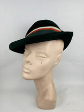 Load image into Gallery viewer, Original 1930's Dark Green Fur Felt Hat with Rust, Green and Ivory Grosgrain Trim - With Matching Scarf