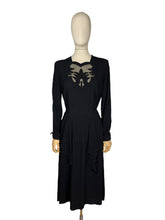 Load image into Gallery viewer, Original 1940’s Post WW2 Inky Black Crepe Cocktail Dress with Beaded Cutout Net Neckline and 11011 Label - Bust 38