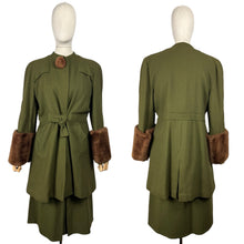 Load image into Gallery viewer, Original 1940's Olive Green Herringbone Wool Long Line Belted Jacket and Skirt Suit with Faux Fur Trim - Short Coat - Bust 36 38