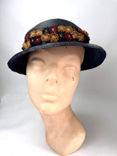 Load image into Gallery viewer, Original 1930's Blue Straw Hat with Burgundy, Cream and Blue Floral Trim *