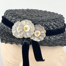 Load image into Gallery viewer, Original 1940’s Black Straw Tilt Topper Hat with Pretty Floral Trim