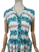 Load image into Gallery viewer, Original 1950's Floppy Cotton Day Dress in White, Brown and Turquoise Blue - Bust 36 *
