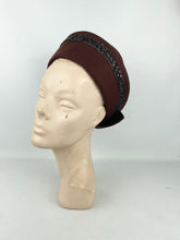 Load image into Gallery viewer, Original 1940’s Warm Brown Felt Bonnet Hat with Lacquered Raffia Trim *