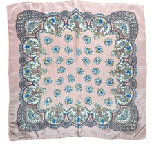 Load image into Gallery viewer, Original 1950's Salmon Pink Silk Crepe Scarf with Floral Print in Blue, Green, White and Black - Great Headscarf