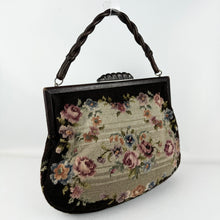 Load image into Gallery viewer, Original 1930’s 1940’s Large Wool Work Embroidered Bag with Leather Handle - Beautiful Vintage Handbag