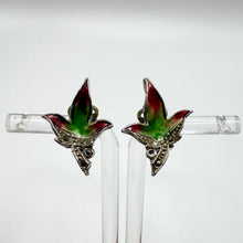 Load image into Gallery viewer, Original 1950's Mid Century Red and Green Enamel Leaf Earrings with Marcasite Detail