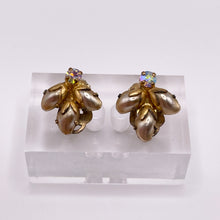 Load image into Gallery viewer, Vintage Flower Clip on Earrings with Trio of Gold Pearl Petals and Aurora Borealis Paste