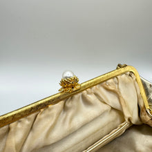 Load image into Gallery viewer, 1950's or 1960's RFC Bright Gold Leather Evening Bag with Snake Chain and Faux Pearl Clasp