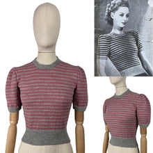 Load image into Gallery viewer, Reproduction 1940’s Hand Knitted Fair Isle Striped Jumper in Silver and Slate Rose Pink - Bust 34 36 *