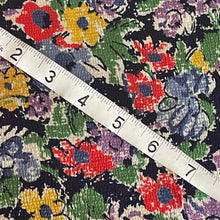 Load image into Gallery viewer, Original 1930's Crepe Floral Dressmaking Fabric in Navy Blue with Red, Yellow, Green , White and Purple Flowers - 34" x 128"