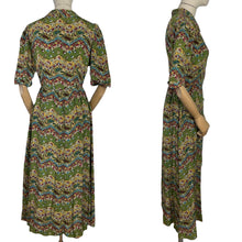Load image into Gallery viewer, Original 1930's 1940's Green Crepe Day Dress with Floral Chevron Print in Red, Blue and Mustard