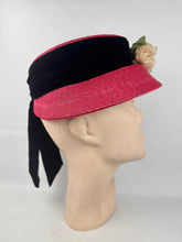Load image into Gallery viewer, Original 1950's Cherry Red Straw hat with Wide Black Velvet Trim and Cream and White Floral Trim