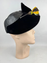 Load image into Gallery viewer, Original 1930's Black Straw Hat with Velvet and Feather Trim by Woods of Colwyn Bay *