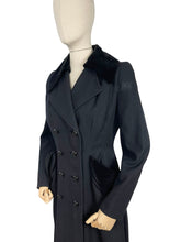 Load image into Gallery viewer, Original 1940's Zissman Model Black Wool Double Breasted Princess Coat with Velvet Collar and Pocket Detail - AS IS - Bust 38