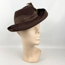 Load image into Gallery viewer, Original 1930's 1940's Dark Brown Felt Fedora Hat with Grosgrain Trim in Green and Brown with Fine Net