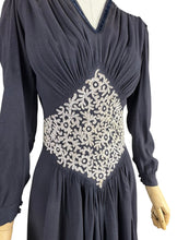 Load image into Gallery viewer, Original Late 1930's or Early 1940's Midnight Blue Crepe Day Dress with Long Sleeves and Amazing Soutache Waist Detail - Bust 34 35