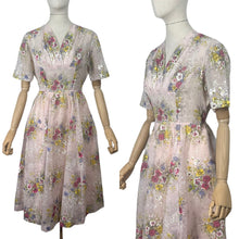 Load image into Gallery viewer, Original 1950's Pretty Pale Pink Nylon Dress with Floral Print in Blue, Yellow and White - Bust 36 37