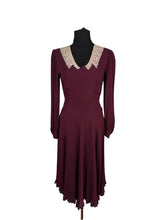 Load image into Gallery viewer, Original 1930's Petite Length Burgundy Crepe Long Sleeved Belted Day Dress with Lace Detail - Bust 34
