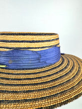 Load image into Gallery viewer, Original 1930's 1940's Blue Stripe Straw Hat with Floral Trim - Perfect Summer Hat *