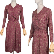 Load image into Gallery viewer, Original 1930's Art Deco Long Sleeved Belted Day Dress in Burgundy and Green - Bust 32 34 *