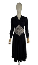 Load image into Gallery viewer, Original Late 1930's or Early 1940's Midnight Blue Crepe Day Dress with Long Sleeves and Amazing Soutache Waist Detail - Bust 34 35