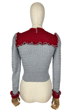 Load image into Gallery viewer, 1940s Reproduction Long Sleeved Jumper in Cherry Red and Light Grey with Frill Trim - Bust 34 36