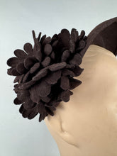 Load image into Gallery viewer, Original 1940's Dark Brown Felt Half Bonnet Hat with Felt Flower Trim by Alden House