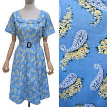 Load image into Gallery viewer, Original Late 1940's or Early 1950's Blue Cotton Belted Day Dress with Yellow and White Paisley Print - Bust 40