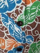 Load image into Gallery viewer, 1940's Reproduction Novelty Print Blouse with Skeins of Wool in Orange, Blue and Green on a Brown and White Base Made From an Original 1940's Feed Sack - Bust 32 34