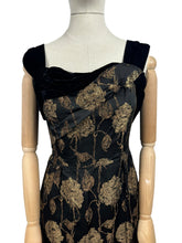 Load image into Gallery viewer, Original 1950's Elizabeth Henry of London Black and Metallic Gold Wiggle Cocktail Dress with Back Drapes - Bust 36