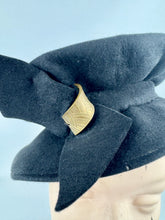 Load image into Gallery viewer, Original 1940's Inky Black Felt New York Creations Hat with Metal Trim and Bow Detail