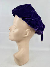 Load image into Gallery viewer, Original 1950's Cotton Velvet hat in Rich Purple with Tassel Trim