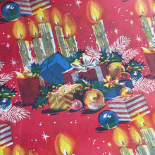 Load image into Gallery viewer, Original Vintage Colourful Christmas Wrapping Paper - Red Base with Piles of Christmas Presents, Baubles and Flaming Candles