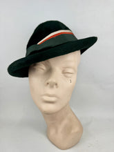 Load image into Gallery viewer, Original 1930's Dark Green Fur Felt Hat with Rust, Green and Ivory Grosgrain Trim - With Matching Scarf
