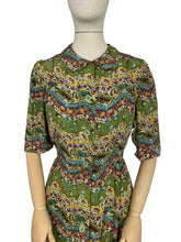Load image into Gallery viewer, Original 1930's 1940's Green Crepe Day Dress with Floral Chevron Print in Red, Blue and Mustard