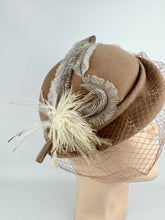 Load image into Gallery viewer, Original 1950's Light Brown Felt Hat with Half Face Net and Fluffy Feather Trim *
