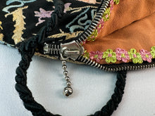 Load image into Gallery viewer, Original 1920's Black Cotton Bag with Vibrant Silk Embroidery of Flowers, Palm Trees and Buildings *