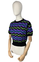 Load image into Gallery viewer, Reproduction 1940’s Hand Knitted Feather and Fan Striped Jumper in Black, Purple, Teal and Neon Green - Bust 36 38 40 *