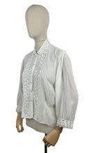 Load image into Gallery viewer, Vintage 1970's 1980's White Chiffon Blouse with Lace Bodice and Cuff Trim - Bust 38 40