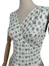 Load image into Gallery viewer, Original 1950’s White Cotton Sleeveless Day Dress with Blue Rosebud Print - Bust 36 37 *