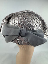 Load image into Gallery viewer, Original 1950's Silver Grey Lacquered Raffia Hat with Oversized Grosgrain Trim