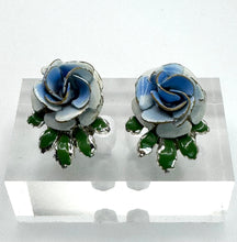 Load image into Gallery viewer, Original 1950's Mid Century Clip on Earrings by Coro - Blue and Green Enamel Roses