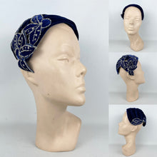 Load image into Gallery viewer, Exceptionally Beautiful Original 1950's Cobalt Blue Velvet Cocktail Hat with Silver Glitter Edged Flowers *