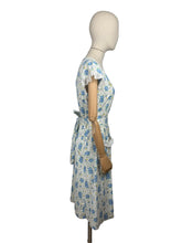 Load image into Gallery viewer, Original 1940's White and Blue Floral Cotton Button Back Belted Day Dress with Ruffle Trim - Bust 38