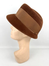Load image into Gallery viewer, Original 1950’s Warm Brown Felt Hat with Wide Grosgrain Ribbon Trim by Jacoll